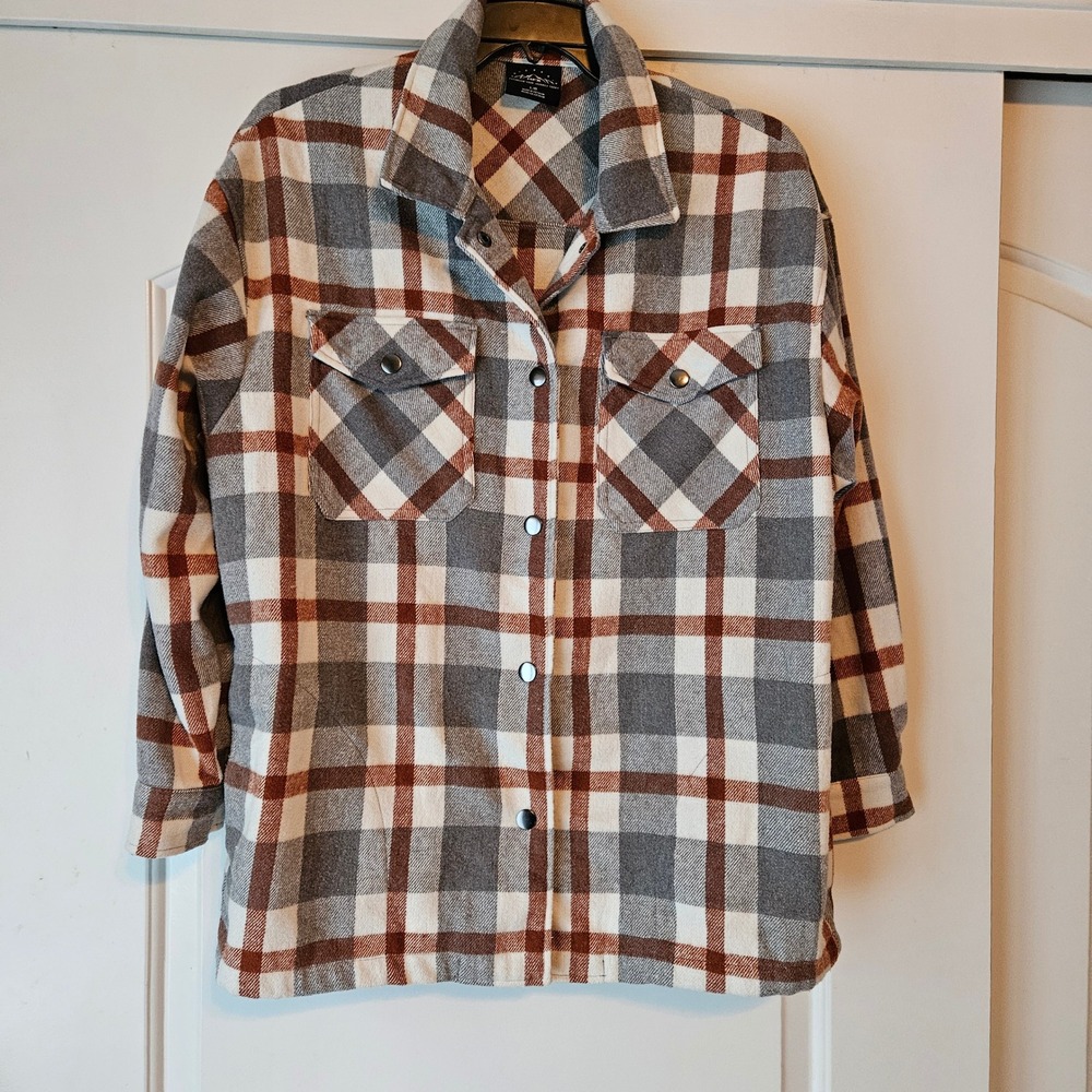 HFX Shacket Flannel Plaid Brown Gray White Women's Large Hiking Outdoor Gorpcore